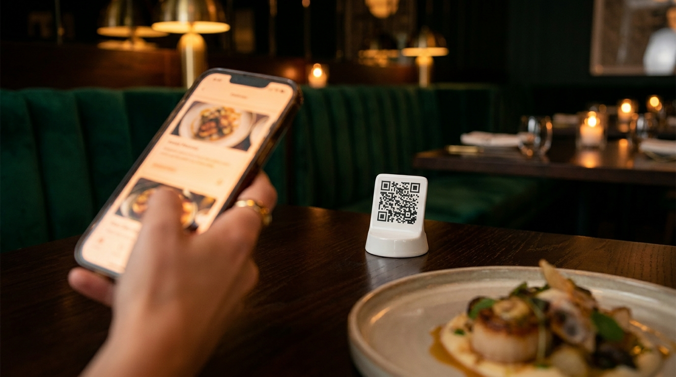 Restoran masasında telefonda Restrono menüsü ve QR stand